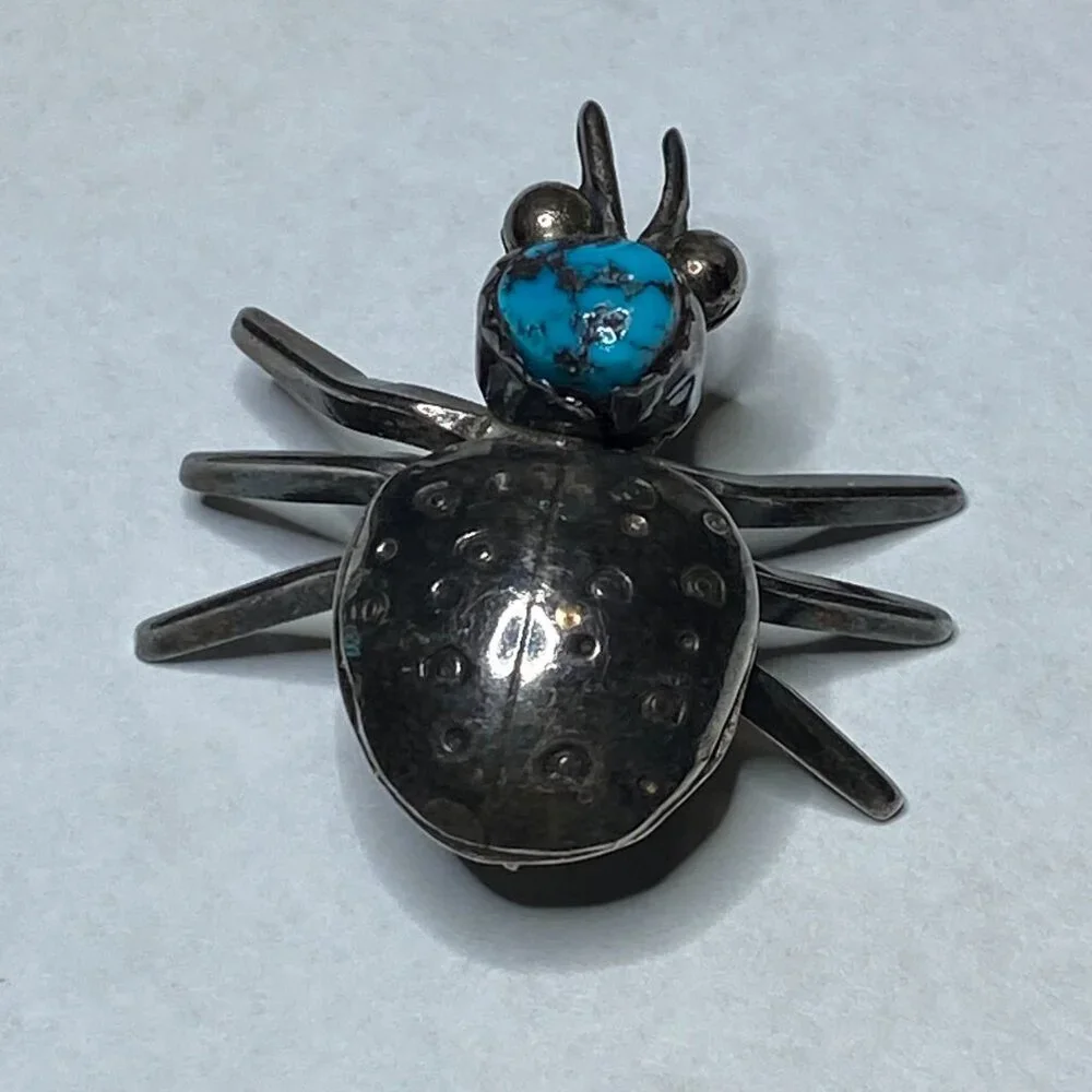 VINTAGE Native Southwest Sterling Silver Turquoise Ladybug Insect Brooch Pin EUC